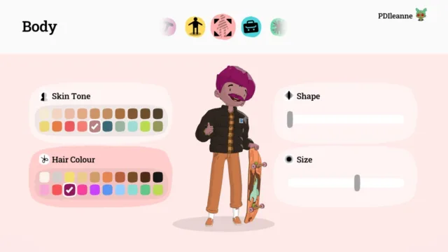 OlliOlli World — the character body and outfit customisation screen