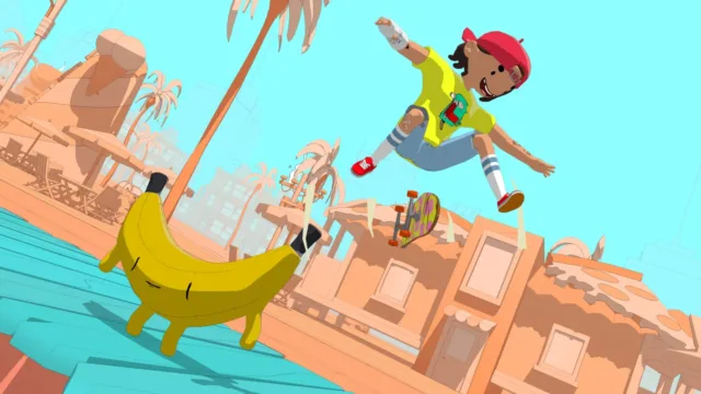 OlliOlli World — a trick above a bright blue rail