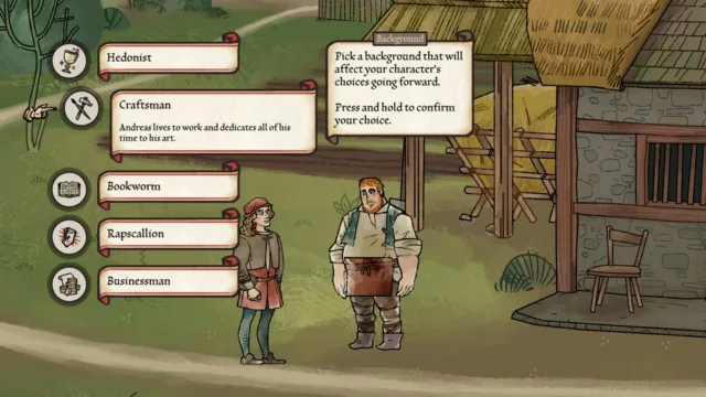 Pentiment — background choices during an illustrated conversation