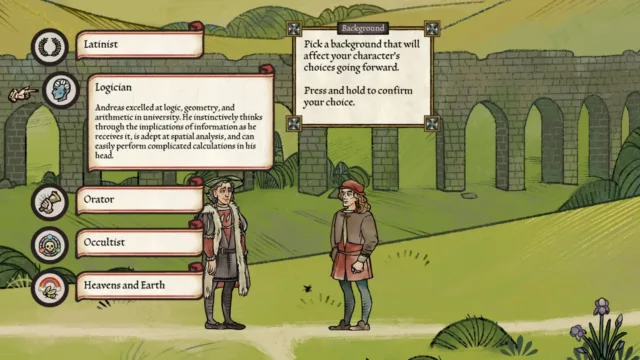Pentiment — a conversation beside an abbey building