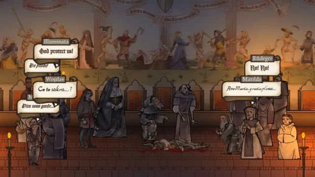 Pentiment — dialogue choices in a candlelit interior