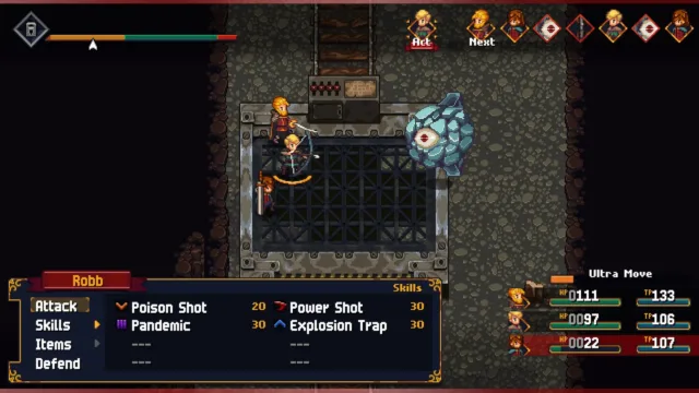 Chained Echoes — a turn-based battle with the action menu open