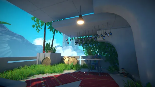 Viewfinder — a sunlit garden and a curved architectural shelter