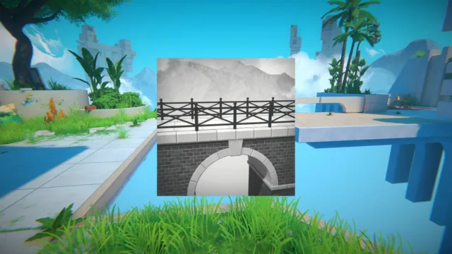 Viewfinder — a monochrome bridge photograph held before the scene