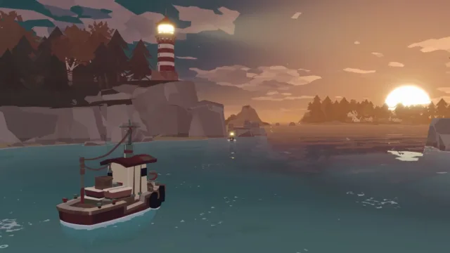DREDGE — a fishing boat beside a lighthouse at sunset