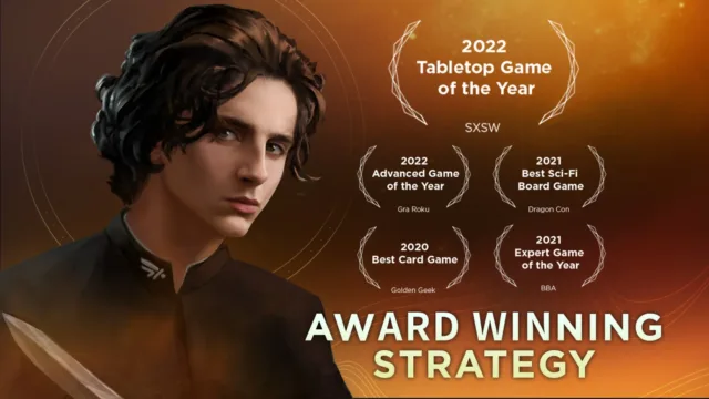 Dune: Imperium — an official promotional panel featuring Paul and award text