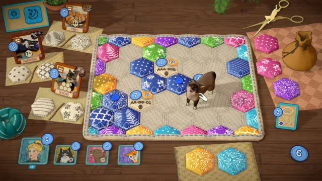 Quilts and Cats of Calico — a quilt board with fabric pieces and goals