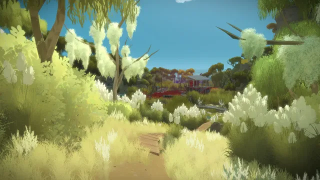The Witness — a garden full of pale green foliage