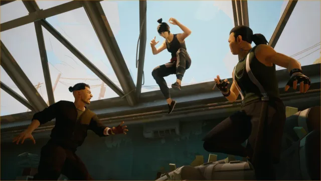 Sifu — a fighter jumping during a window-side encounter