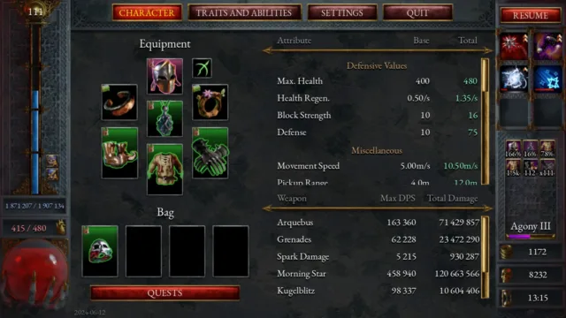 Halls of Torment — an equipment screen with character statistics