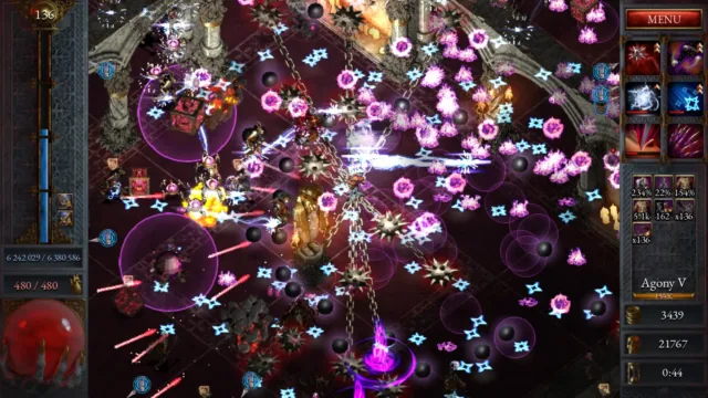 Halls of Torment — a crowded fight filled with colourful attack effects