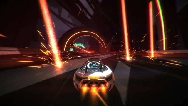 Distance — a futuristic car beneath orange beams