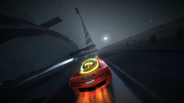 Distance — a car accelerating along a dark elevated track