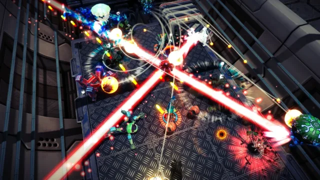 Assault Android Cactus+ — crossing laser beams in an industrial room