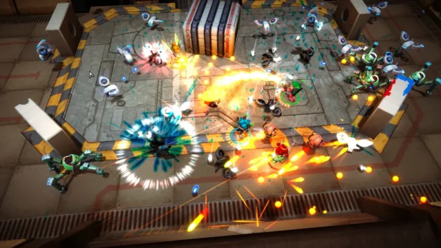 Assault Android Cactus+ — robots and explosions around an arena platform