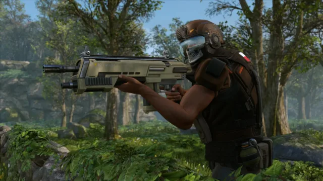 XCOM 2 — a soldier aiming a rifle from woodland cover