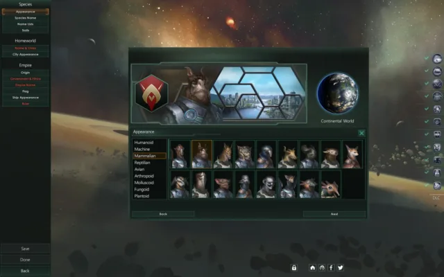 Stellaris — an empire creation screen with species portraits