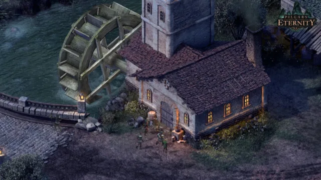 Pillars of Eternity — a party beside a building and waterwheel