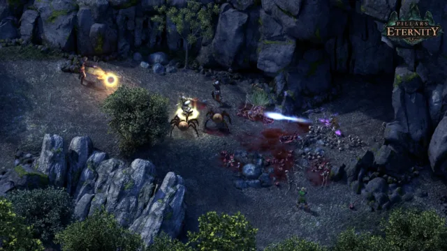 Pillars of Eternity — a party fighting among rocky ruins