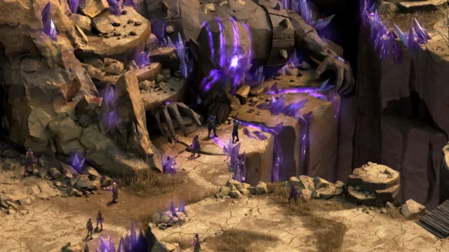 Tyranny — a party beside a purple-lit structure