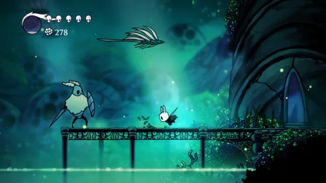 Hollow Knight — the Knight on a green overgrown platform
