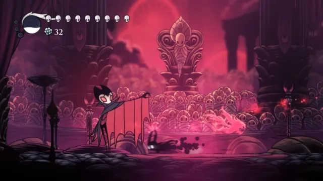 Hollow Knight — a red-lit chamber and its inhabitants
