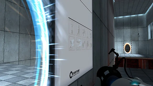 Portal — a blue portal beside a narrow chamber passage