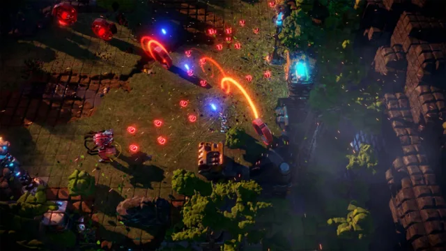 Nex Machina — projectiles crossing a forested arena