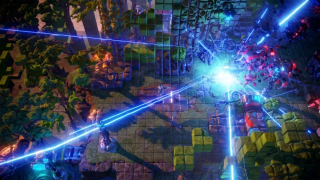 Nex Machina — blue beams spanning an industrial arena