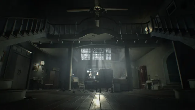 Resident Evil 7 Biohazard — a dim interior lit through a distant window