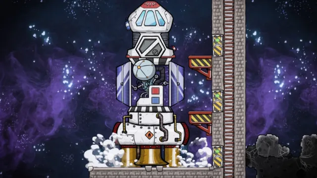 Oxygen Not Included — a rocket standing against a starry background