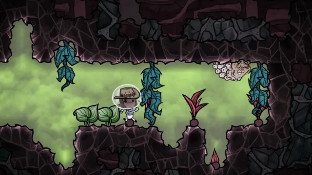Oxygen Not Included — a duplicant near glowing cave formations