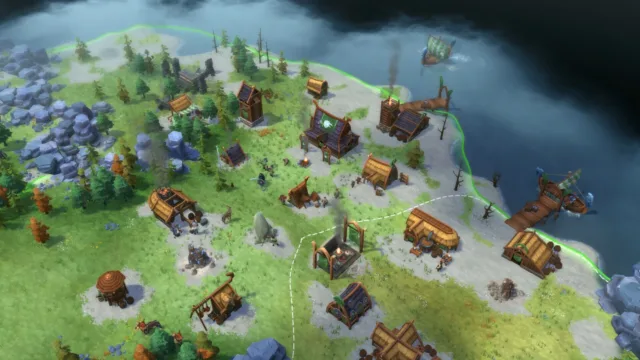 Northgard: Definitive Edition — a coastal Viking settlement in green terrain