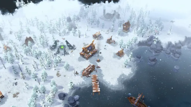 Northgard: Definitive Edition — a settlement during winter snow