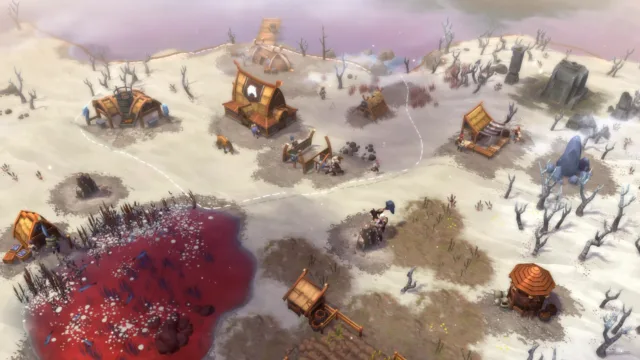 Northgard: Definitive Edition — units fighting near buildings in snowy terrain
