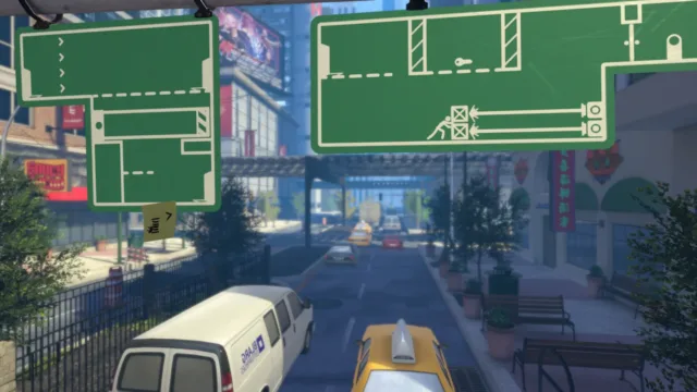 The Pedestrian — linked green signs above a city street