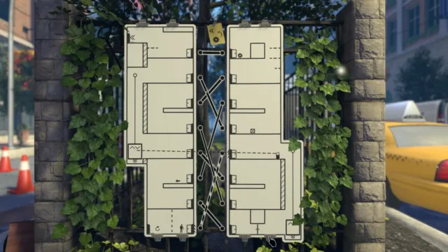 The Pedestrian — white schematic panels mounted on a wall
