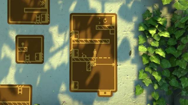 The Pedestrian — golden sign panels connected by paths