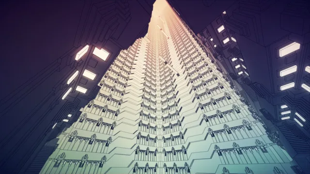 Manifold Garden — a view up repeating pale architecture