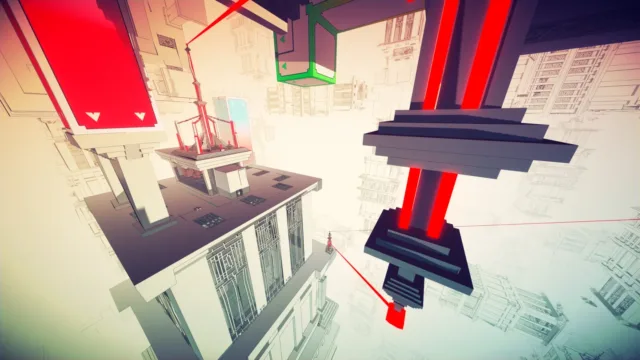 Manifold Garden — red and blue structures within an abstract interior