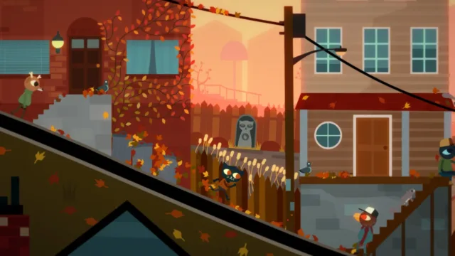Night in the Woods — an autumn-coloured street in Possum Springs