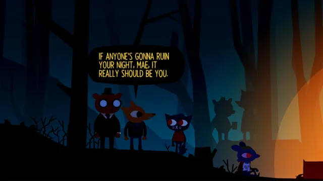 Night in the Woods — characters talking in a dark wooded area