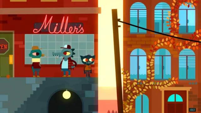 Night in the Woods — Mae and friends outside a shop