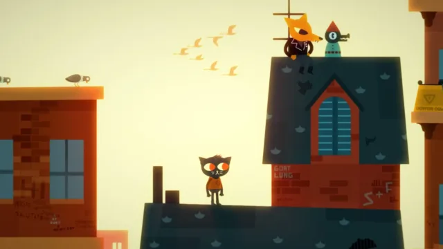 Night in the Woods — Mae jumping between rooftops at sunset