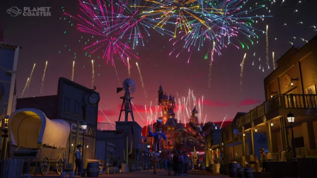 Planet Coaster — fireworks above a themed park street