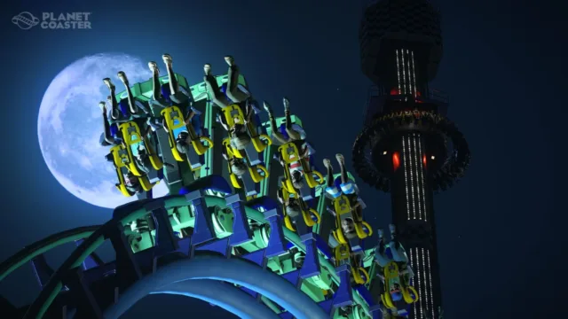 Planet Coaster — a brightly lit coaster train in front of the moon
