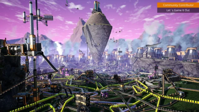 Satisfactory — a sprawling factory beneath a purple sky