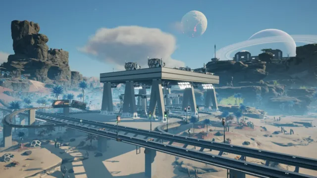 Satisfactory — an elevated factory complex in a rocky landscape