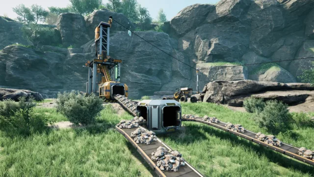 Satisfactory — conveyor belts linking equipment in green terrain