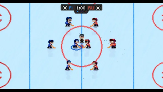 Super Blood Hockey — an ice-hockey face-off at centre rink